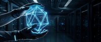 Futuristic robotic hands holding glowing blue geometric hologram in high-tech server room. Digital technology, artificial intelligence concept for presentations.