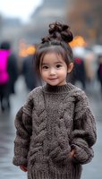 Young Asian girl wearing oversized brown cable knit sweater smiles warmly on blurred urban street with bokeh lights in background. Natural lifestyle portrait.
