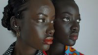 Close-up portrait of two African women with glowing skin and bright lipstick, showcasing natural beauty against neutral background.