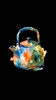 Colorful watercolor teapot with blue, orange, and green hues, isolated on transparent background. Ready for kitchen design, t-shirt prints, stickers, and sublimation projects.