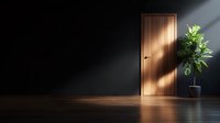 Dramatic sunbeam falls across wooden door in dark room with potted plant, creating mysterious atmosphere and shadow play on hardwood floor and black wall.