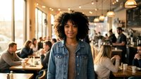 Young African American woman with curly hair wearing denim jacket standing in busy modern cafe restaurant with warm lighting and customers dining.