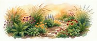 Watercolor garden border with stone path, wildflowers, ferns and ornamental grasses in soft earth tones. Botanical illustration for landscaping and nature designs.