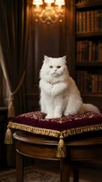 Elegant white fluffy cat sitting on ornate velvet cushion in luxurious library with chandelier and bookshelves creating sophisticated home interior atmosphere.