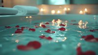 Romantic spa setting with rose petals floating on turquoise water surface, illuminated by glowing candles creating intimate atmosphere for wellness and relaxation.