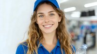 Young Caucasian female worker in blue uniform and cap smiling at camera in modern retail store environment with shelves and products in background.