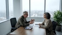 Mature man and woman having professional discussion at wooden table in modern office with city skyline view through windows, suitable for business, corporate training, and workplace communication concepts.