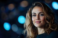 Young Caucasian woman with wavy blonde hair smiling confidently against dark background with blue bokeh lights, wearing black sweater, natural makeup and radiant expression.