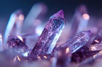 Luminous amethyst crystal points with purple and blue hues against blurred background, magical mineral formation with ethereal glow and bokeh lighting effects.