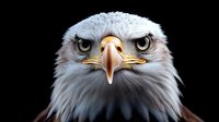 Majestic bald eagle head close-up portrait against black background showing intense gaze, sharp beak, and detailed white feathers. Powerful wildlife photography.