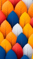 Colorful autumn leaves pattern in red, orange, blue and white arranged in rows creating geometric design. Seamless repeat for fabric and wallpaper backgrounds.