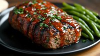 Homemade meatloaf with tangy tomato glaze served on black plate with fresh green beans, garnished with chopped parsley and sesame seeds.