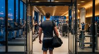 Athletic man entering modern fitness center with gym bag at evening, contemporary workout facility with floor-to-ceiling windows and city views.