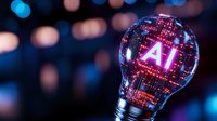 Glowing light bulb with AI text and digital circuit patterns inside against blurred bokeh background in pink and blue colors, symbolizing artificial intelligence innovation.