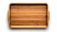 Wooden bamboo serving tray with raised edges and handles on white background, isolated rectangular platter for food presentation and kitchen decor.