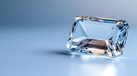 Emerald cut gemstone with brilliant facets casting light reflections on blue background, luxury jewelry element for design projects and advertisements.