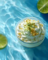 Creamy key lime dessert topped with zest and crumbs in glass jar on blue water background with fresh lime slices.