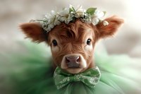 Young brown Highland calf wearing white flower crown and green tulle dress with bow tie, looking directly at camera with soft dreamy expression against blurred background.
