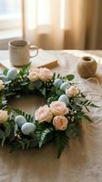 Handmade floral wreath with pink roses, eucalyptus and fern leaves on wooden table with coffee cup in warm morning light for home decor and crafting.
