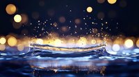 Magical water crown splash with golden bokeh lights and droplets creating dramatic liquid sculpture against dark background with glowing particles.