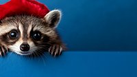 Curious raccoon wearing red beret peeking from behind blue surface, close-up portrait with focus on expressive eyes and cute face. Fun animal character concept.