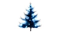 Mystical blue watercolor pine tree silhouette with glowing light spots against white background, suitable for winter holiday designs and seasonal greeting cards.
