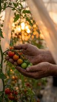 Elderly hands gently holding fresh cherry tomatoes in greenhouse with warm bokeh lights creating cozy agricultural atmosphere for organic farming content.