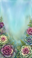 Watercolor floral border with roses in purple, pink, and cream tones on soft blue-green gradient background. Isolated design for invitations, cards, and decorative projects.