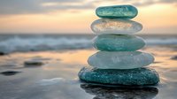 Balanced stack of smooth sea glass stones on beach at sunset creating zen meditation symbol with ocean waves and golden sky background for wellness concepts.