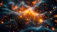 Abstract cosmic background with glowing orange particles and flowing blue energy waves creating ethereal atmospheric effect. Suitable for tech and science designs.