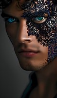 Close-up portrait of young African American model wearing intricate black lace mask against dark background, highlighting striking turquoise eyes and dramatic makeup artistry.