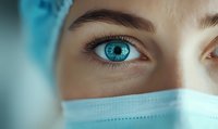 Close-up view of bright blue eye and eyebrow above protective medical face mask, highlighting healthcare worker's determined gaze during pandemic situation.