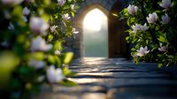 Mystical stone pathway leading to glowing arched doorway, framed by blooming magnolia branches, creating ethereal atmosphere with soft natural lighting.