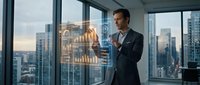 Middle-aged male professional in dark business suit analyzing financial data visualization on glass panel with city skyline background for corporate analytics and business strategy concepts.
