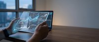 Businessman using futuristic holographic tablet displaying car design interface in modern office environment for automotive technology presentation.