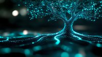 Glowing digital tree made of light particles and dots against dark background, futuristic network connections symbolizing growth and technology advancement.