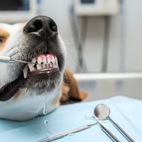 Dog receiving dental examination at veterinary clinic with mouth open showing teeth and gums. Professional pet healthcare and oral hygiene treatment concept.