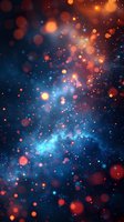 Magical space background with glowing orange and blue bokeh lights scattered across dark cosmos, creating ethereal galaxy effect. For wallpaper and design projects.