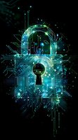 Futuristic digital padlock with glowing circuit patterns in neon blue and green colors against dark background, representing cybersecurity and data protection concepts for technology designs.