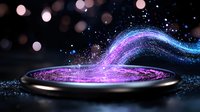 Magical glowing swirl of purple and blue light particles floating above dark surface with bokeh effect in background creates mystical atmosphere.