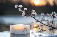 Glowing number 50 candle holder with cherry blossom branch at sunset creates romantic atmosphere for anniversary celebration or special event decoration.