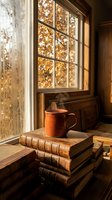 Steaming mug on stacked vintage books by a rainy window with golden autumn foliage, evoking cozy fall reading atmosphere.