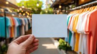 Hand holding blank white card at colorful outdoor clothing market with rows of vibrant t-shirts displayed on racks.