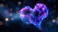 Glowing cosmic heart shape with purple and blue nebula effects against starry space background with bokeh lights for romantic designs.