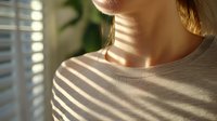 Sunlight through window blinds casting dramatic shadow stripes on woman's neck and white t-shirt, creating artistic light and shadow pattern. Natural morning atmosphere.