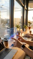 Hands interacting with holographic financial data display in modern office workspace with laptop and coffee during golden hour sunset lighting.