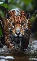 Powerful jaguar with intense golden eyes and distinctive spotted coat pattern crouching in lush tropical rainforest environment for wildlife conservation campaigns.