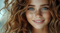 Young woman with reddish-brown wavy hair, fair complexion, and freckles across her nose and cheeks, smiling warmly at camera with blue eyes, suitable for beauty, skincare, and lifestyle marketing.