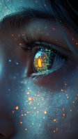 Macro shot of mystical eye with glowing digital network reflection and floating light particles against dark background, creating futuristic cyberpunk atmosphere.