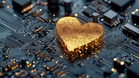 Glowing golden heart shape on computer circuit board with bokeh lights, symbolizing digital love, technology emotion, and artificial intelligence concept.